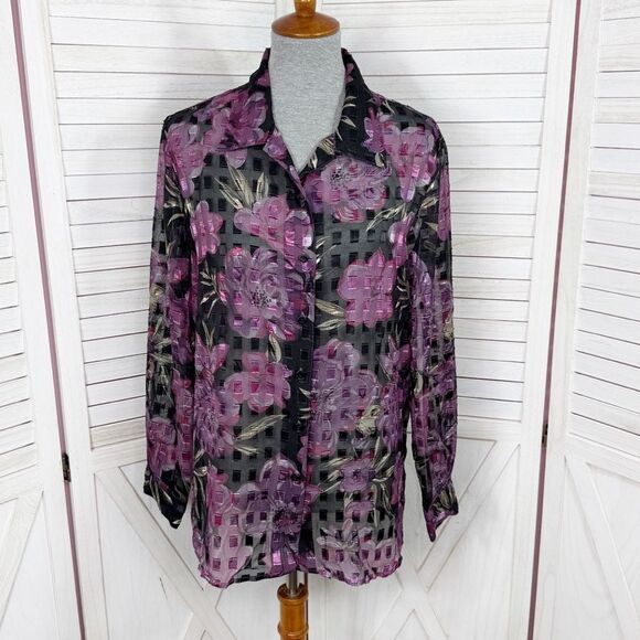 Vintage Notations Sheer Floral Check Shimmer Blouse Black Purple Large - Picture 1 of 11